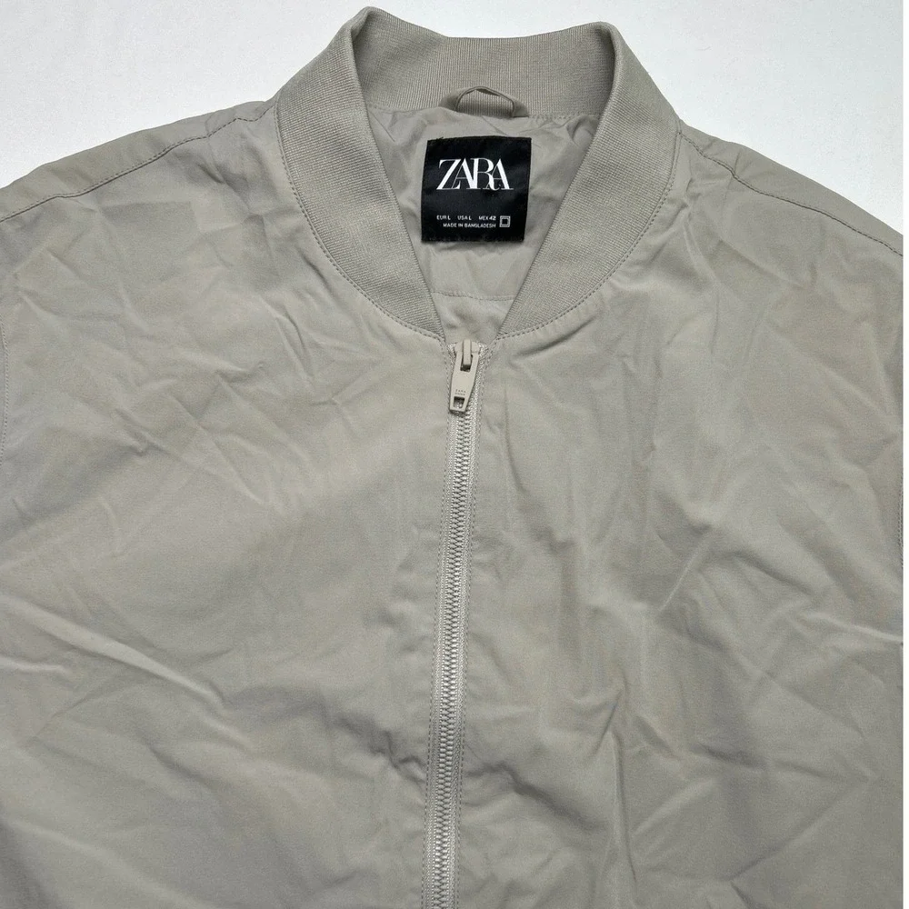 Zara Mens Bomber Jacket Taupe Gray Size L Lightweight Utility Minimalist